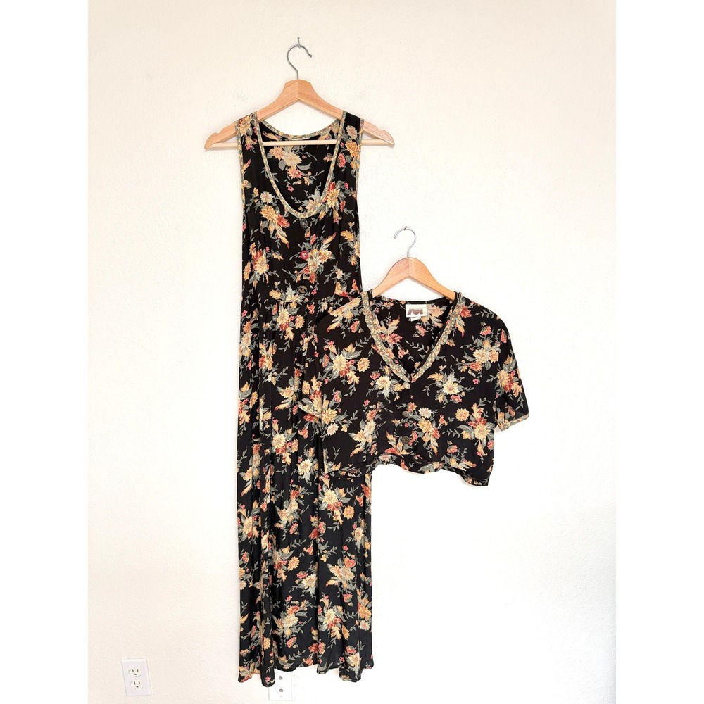 Vintage Zoe 2 Piece Set Floral Maxi Dress and Crop Ruffle Top Boho 90s Size S